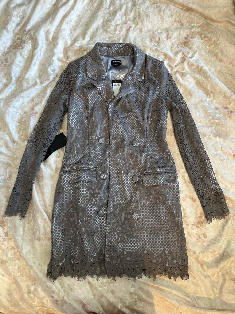 bebe Gray Lace-Overlay Double-Breasted Trench Coat - Picture 1 of 6